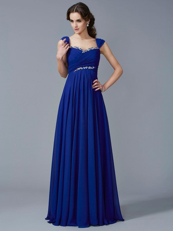 Vestidos largos de gasa con escote corazón, sin mangas, corte princesa y cuentas